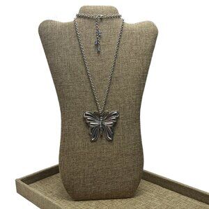 Large Blue Eyed Butterfly Pendant Necklace Crystal Extender Antique Silver Tone